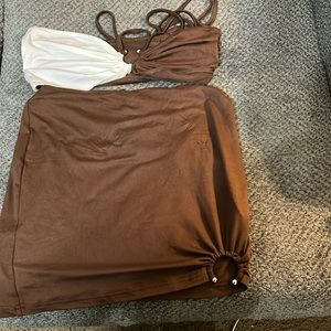 Brown and white skirt set